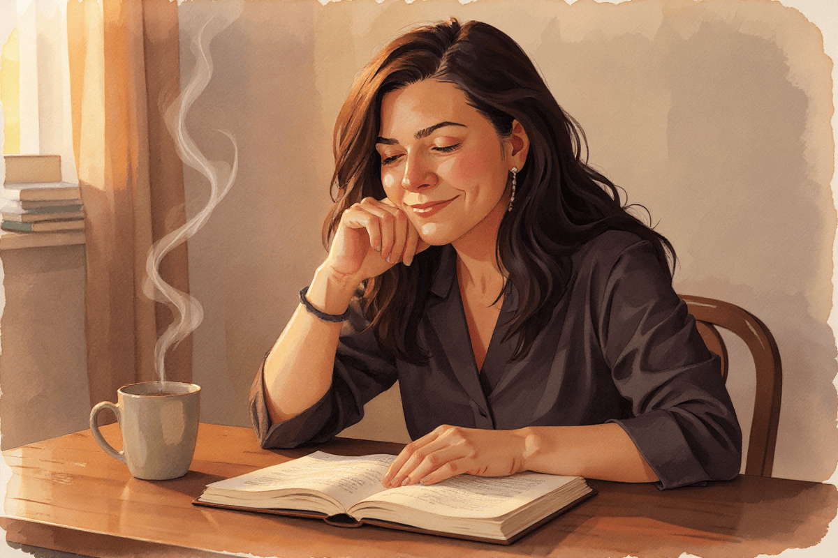 Warm watercolor of an editor at her wooden desk in soft afternoon light, a manuscript open in front of her and a teacup beside it, her face turned toward the page in the kind of attention that signals care rather than a verdict.