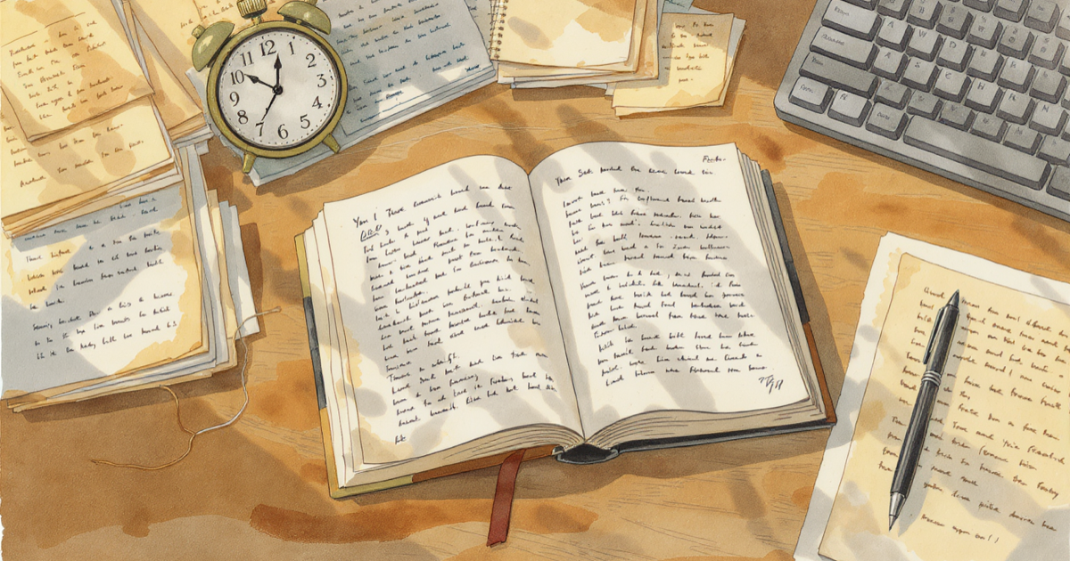 Warm watercolor of a writer's desk seen across a week — an open manuscript, stacks of planning notes and revision marks, and a small clock — where only a thin sliver of the time is spent at the keyboard.