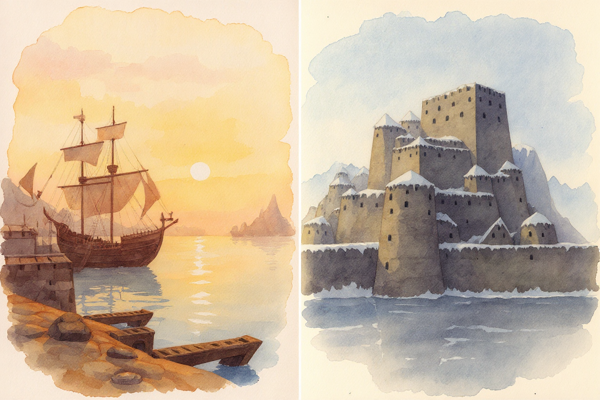 Watercolor illustration of a coastal trading port dissolving into a mountain fortress, representing AI's contradictory memory of the same fictional city