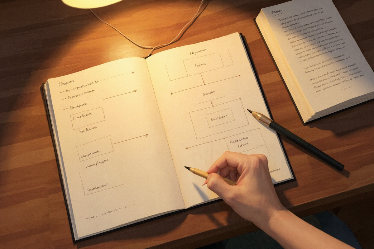 Aquarellillustration eines Buch-Manuskripts mit Anmerkungen und Pfeilen zwischen Kapitelblöcken – eine Autorenhand zeichnet Verbindungen in den Plan, während ein halbfertiges Manuskript daneben liegt; Plan und Seiten entwickeln sich gemeinsam in warmen Bernsteintönen