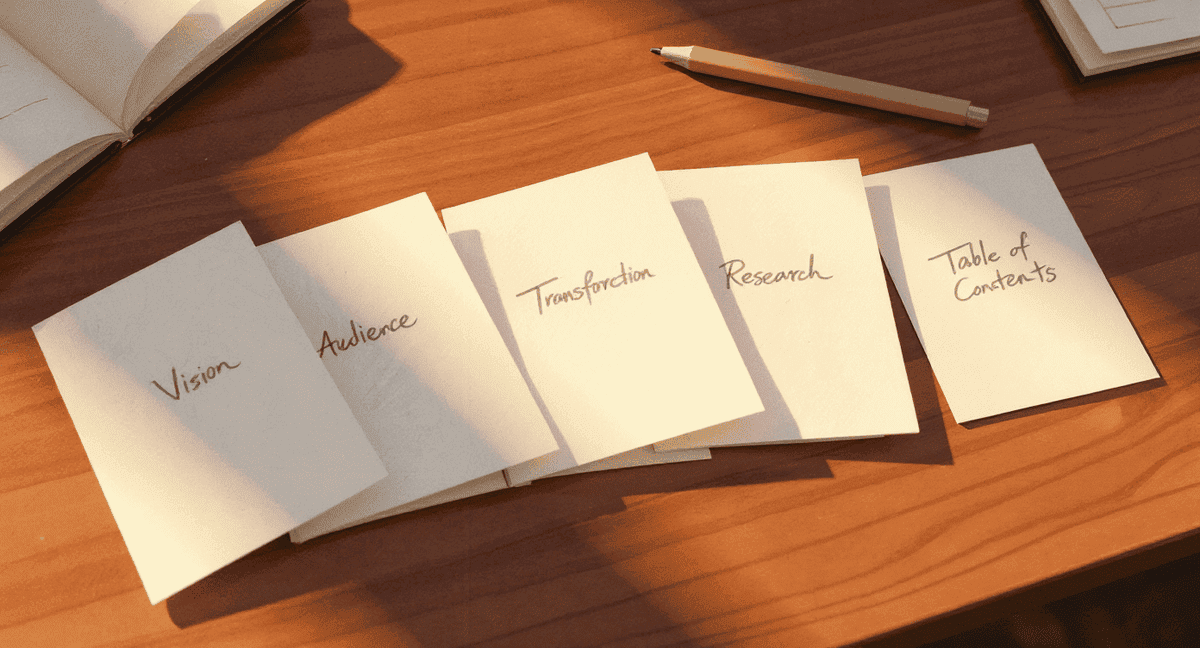 Fünf Karten zur Buchplanung in einer Reihenfolge — Vision, Zielgruppe, Transformationsbogen, Recherche, Inhaltsverzeichnis — in warmen Bernsteintönen
