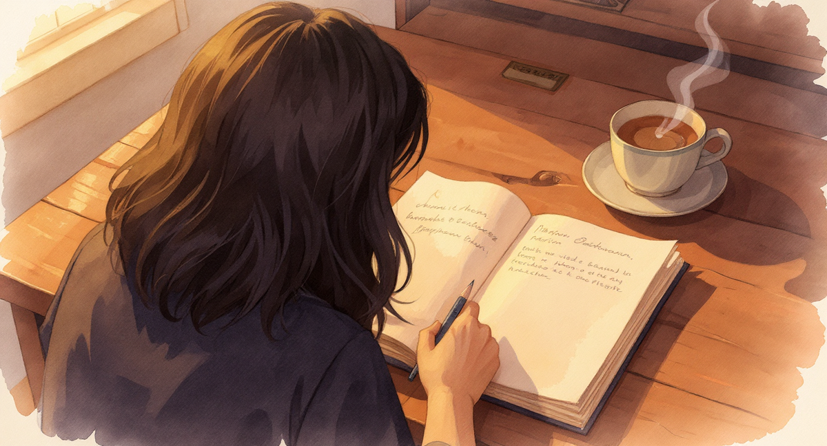 Warm watercolor of an editor reading a manuscript at a wooden desk in late-afternoon light, a teacup beside the pages and a pencil resting in the margin.
