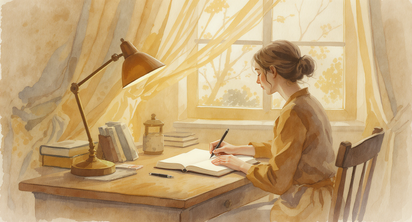 Watercolor illustration of an author sitting before an open notebook, a warm lamp casting light across a blank page, morning window behind