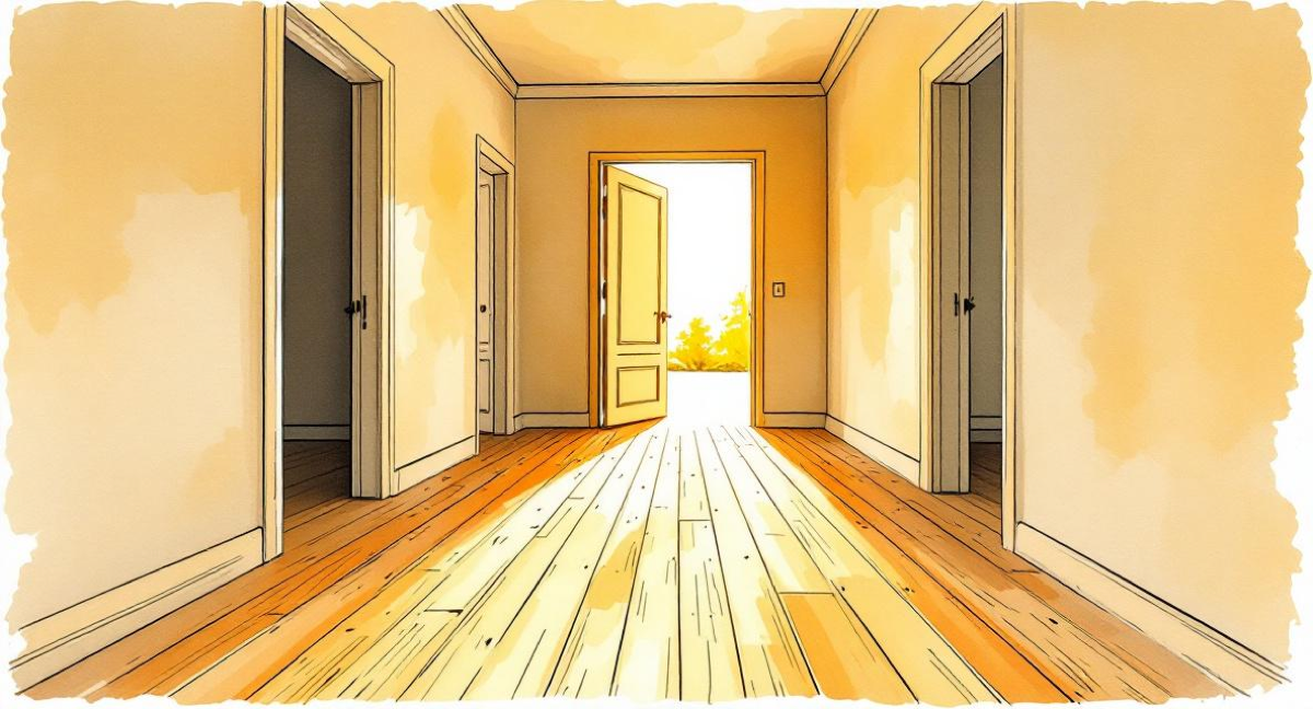 Watercolor of two open doors in a sunlit hallway with a third door faintly visible between them, warm earth tones.