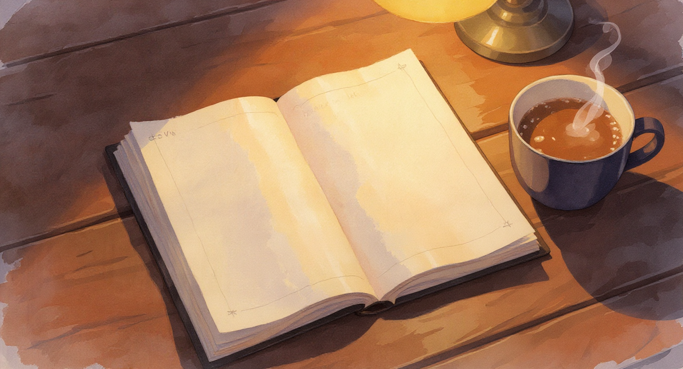 Aquarell eines offenen Manuskripts auf einem Holztisch im späten Nachmittagslicht, daneben eine Tasse Tee und eine warme Lampe.