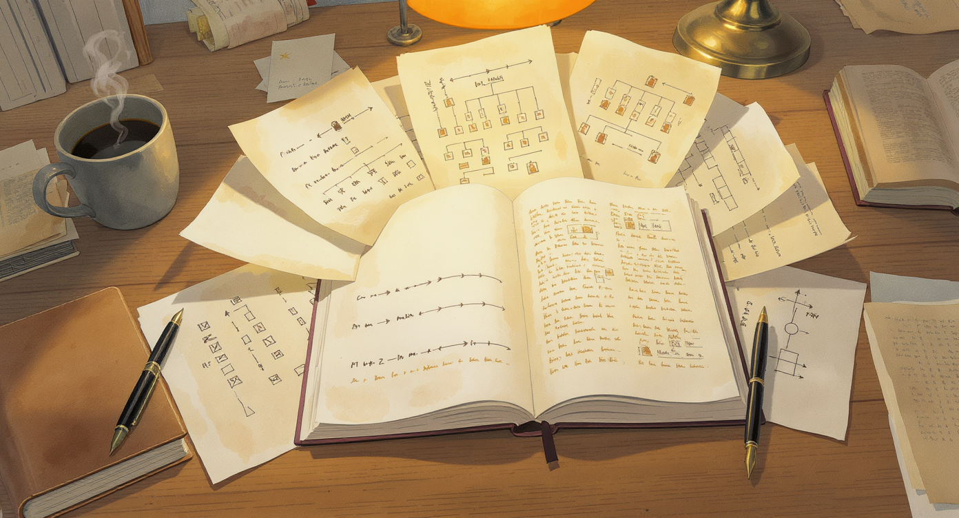 Illustrazione ad acquerello della scrivania di un autore in cui un manoscritto si divide in linee temporali parallele dei personaggi e in catene di regole che si diramano, a rappresentare lo stato che un romanzo deve tenere insieme