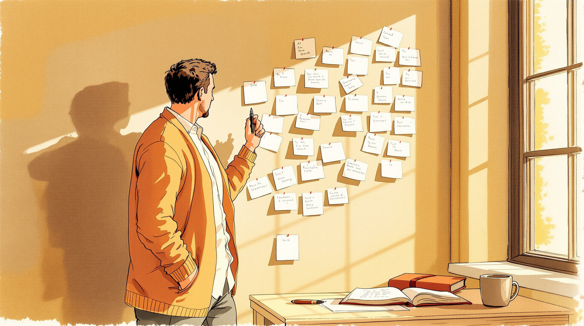 Aquarell eines Experten, der eine Wand mit angepinnten Notizen im warmen Fensterlicht studiert, mit Notizbuch auf einem Schreibtisch daneben.