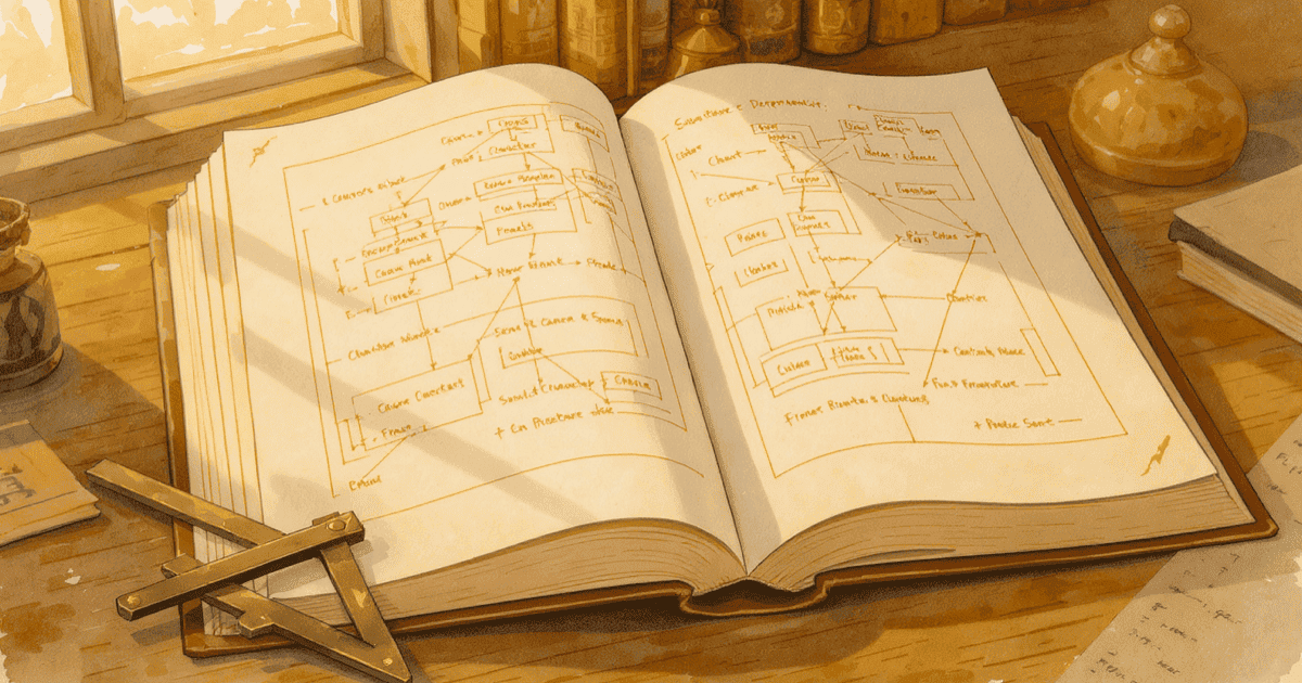 Watercolor editorial illustration of an open manuscript with architectural blueprints overlaid, structural lines connecting character names and chapter blocks in warm amber tones